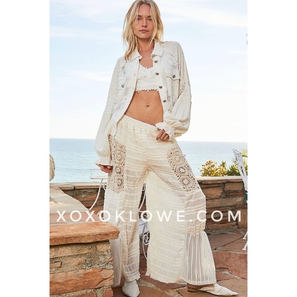 POL Cream Crochet Patch Pleated Ruffled Flowy Wide Leg Pants - Picture 8 of 16